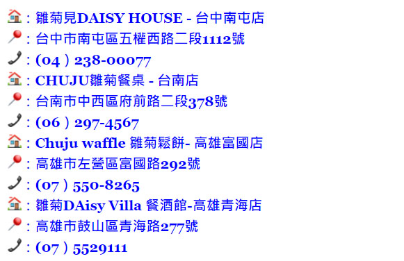 ：雛菊見DAISY HOUSE - 台中南屯店 ：台中市南屯區五權西路二段1112號 ：(04）238-00077 ：CHUJU雛菊餐桌 - 台南店 ：台南市中西區府前路二段378號 ：(06）297-4567 ：Chuju waffle 雛菊鬆餅- 高雄富國店 ：高雄市左營區富國路292號 ：(07）550-8265 ：雛菊DAisy Villa 餐酒館-高雄青海店 ：高雄市鼓山區青海路277號 ：(07）5529111